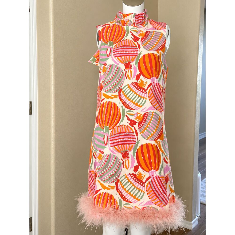 Prosperina Carlisle Pink Multi Ornament Print Shift Dress Small Feather Trim